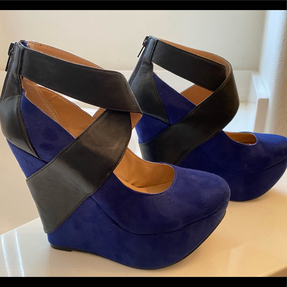 Blue “suede & leather” wedges